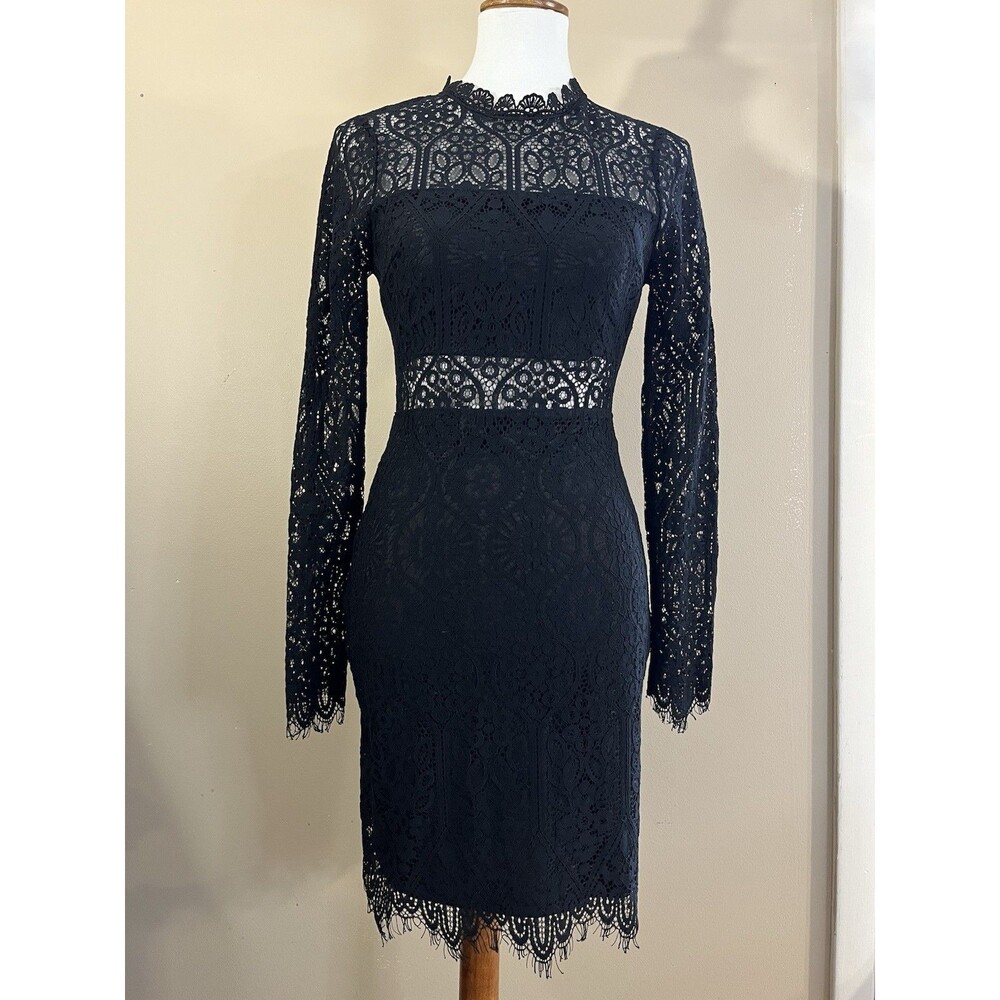 Lulus Women Lace Bodycon Dress Black Long Sleeve Sheer Waist Back Zip Size S